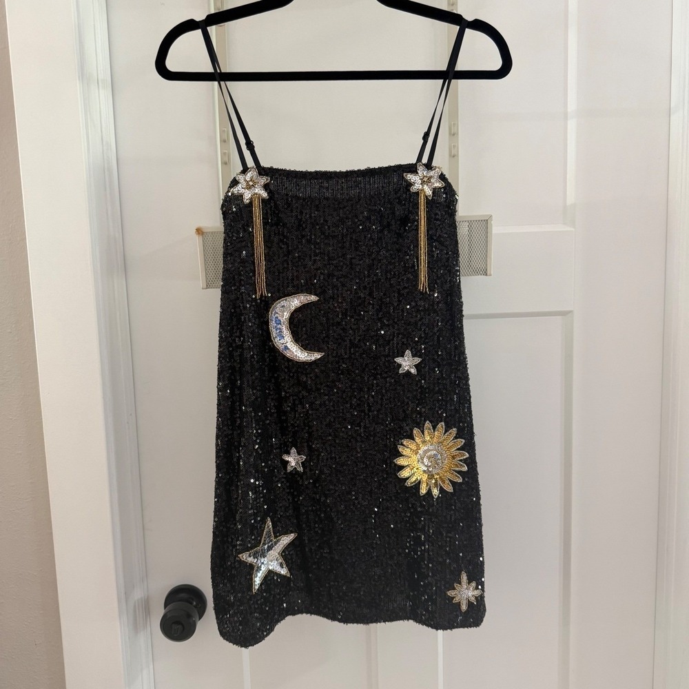 East N West Label Sequin Star Mini Dress Blk Celestial Moon Sun Whimsy XS Party